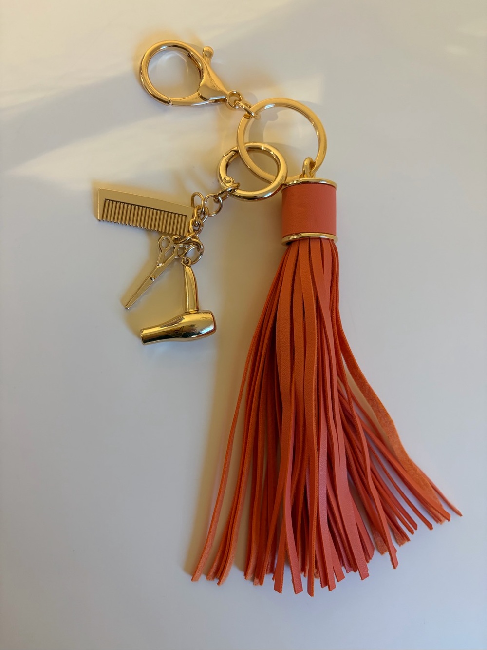 Orange Tassel Keychain Charm with Gold Hairdresser Accents